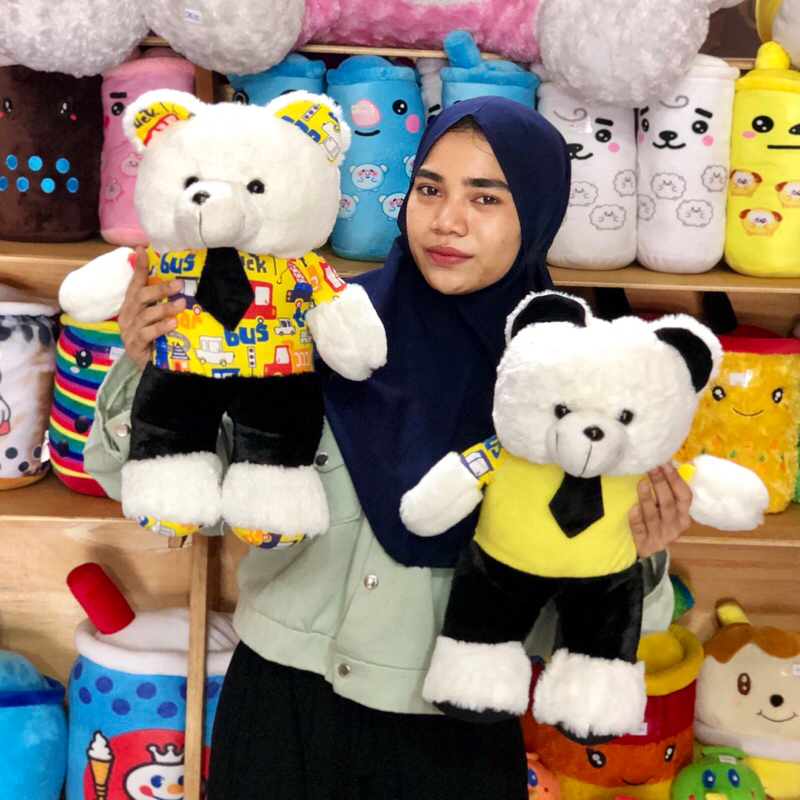 Boneka beruang teddy bear dasi tegak berdiri volkadot baju motif lucu boneka karakter panda dasi one