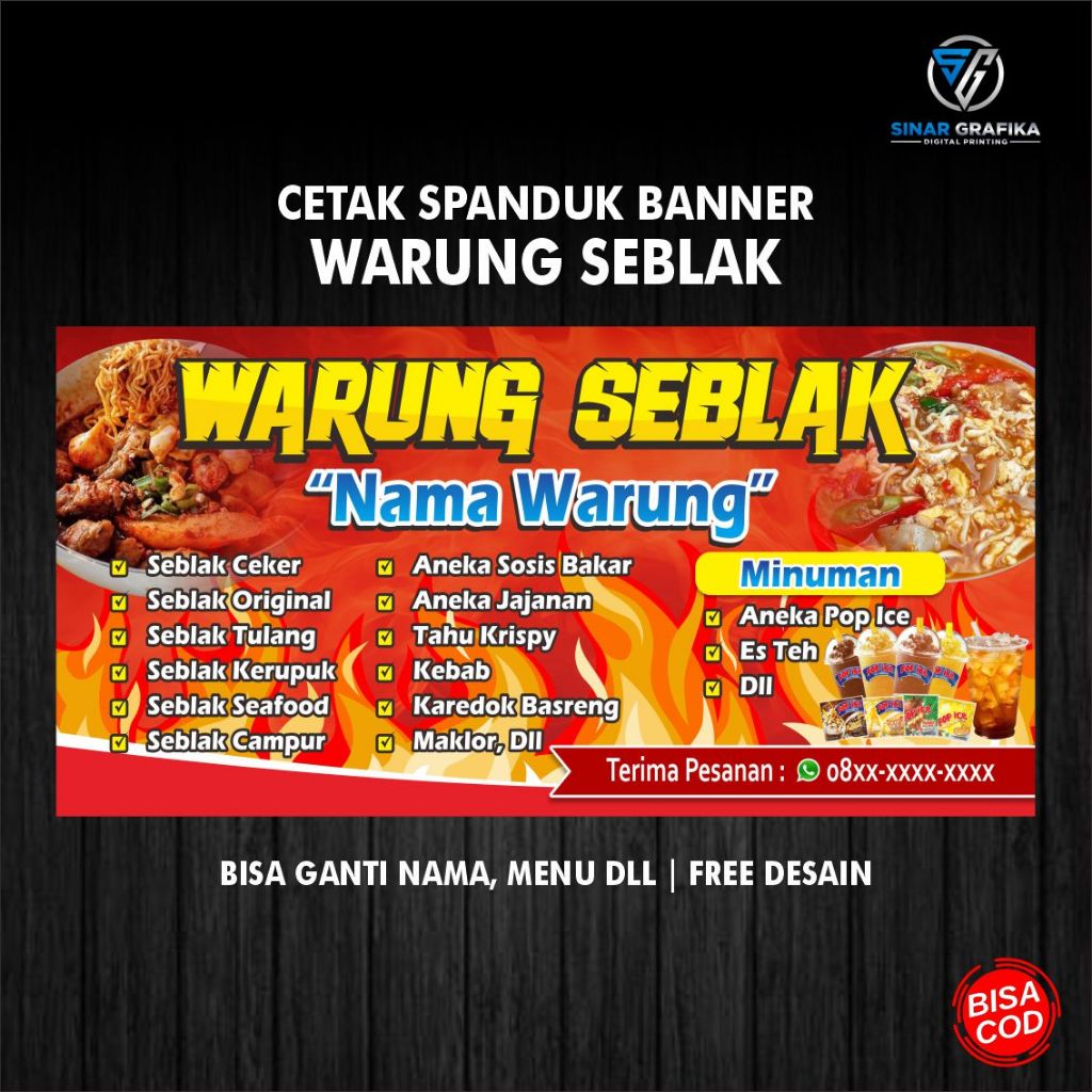 Cetak Spanduk Seblak /Banner Warung Seblak / desain custom, bisa ganti nama tambah menu dll