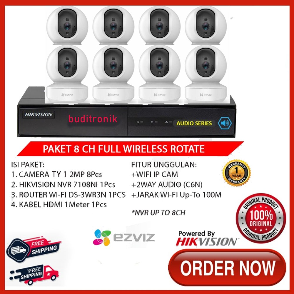 Paket EZVIZ TY 1IP Camera NVR Hikvision 8CH Rotasi 2 Way Audio CCTV Wireless Wifi