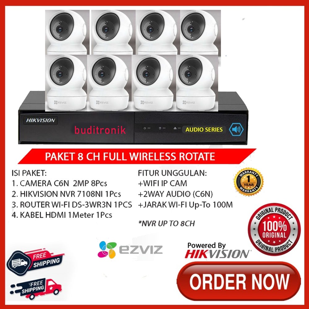 Paket EZVIZ 8 IP Camera NVR Hikvision 8CH Rotasi 2 Way Audio CCTV Wireless Wifi
