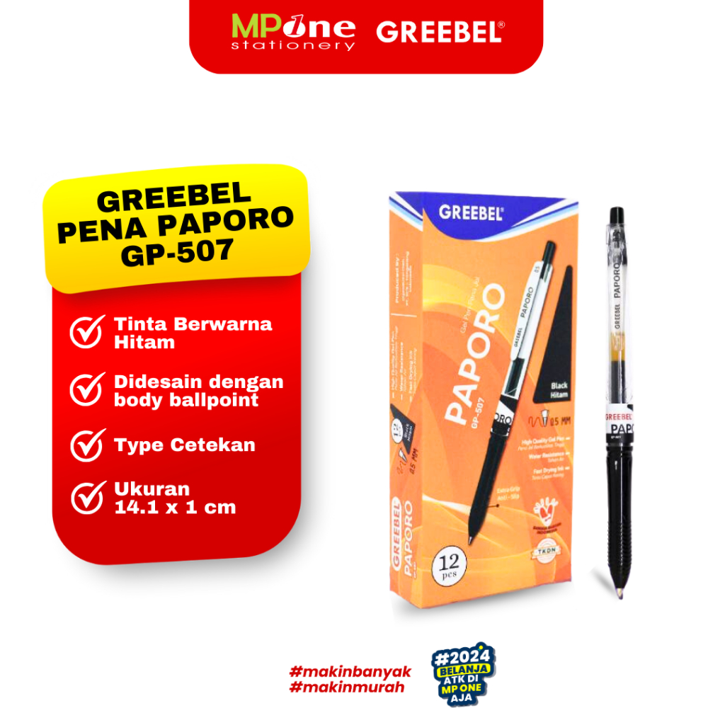

(1 KOTAK) Greebel Pena Gel INK Cetek Tinta Hitam GP-507 PAPORO / Gel Pen 0,5mm Pulpen Cetekan Hitam