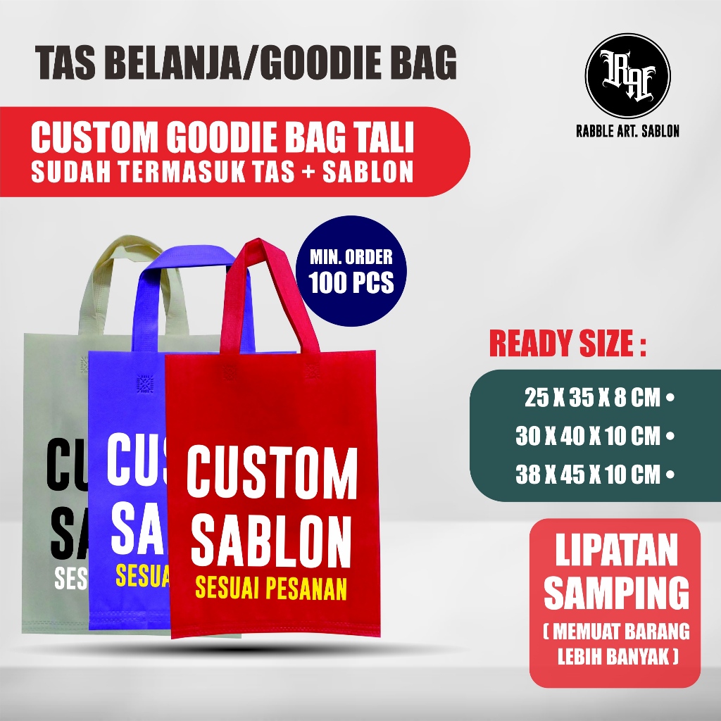 

Tas Spunbond Press Tali , Tas Sovenir Goodie Bag Custom Sablon Berbagai Ukuran dan Warna , Free Desain Bahan Tebal Sablon Rapih