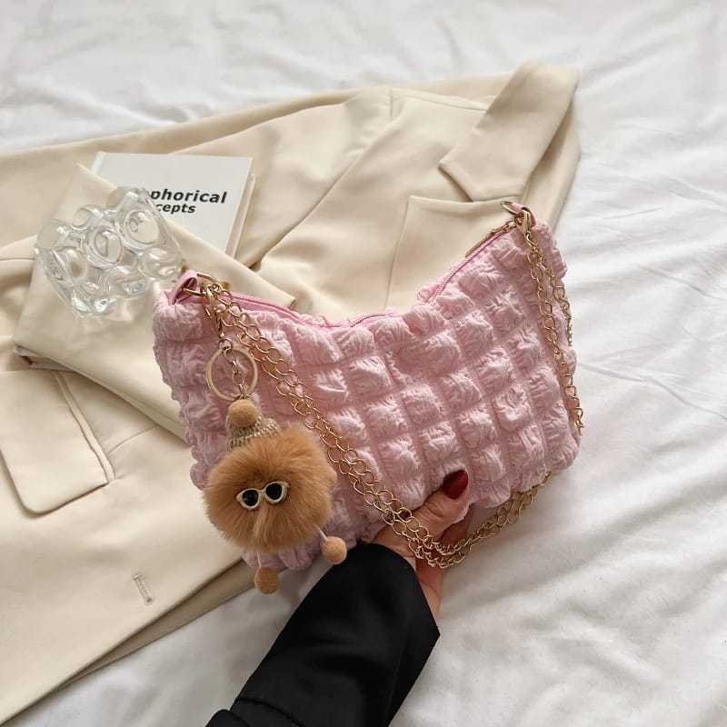 EL 4667 Tas Bahu Wanita Fashion Tas Import Tali Rantai Gantungan Pompom Tas Bahu Shoulderbag Tas Cas