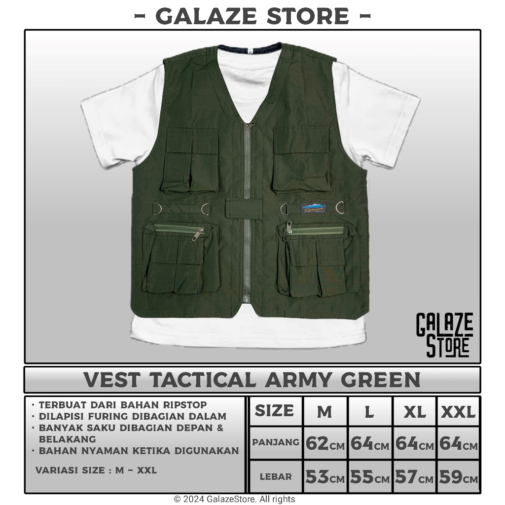 VEST ARMY GREEN - VEST TACTICAL - VEST RIPSTOP ARMY GREEN - ROMPI LAPANGAN OUTDOOR - ROMPI MOTOR - R