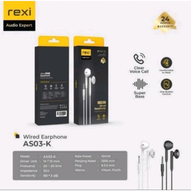 Rexi AS03-K Headset Wired Super Bass , Earphone As03-K/AS05-Kx/AS08-Kx/AS11-K/Ai15-K