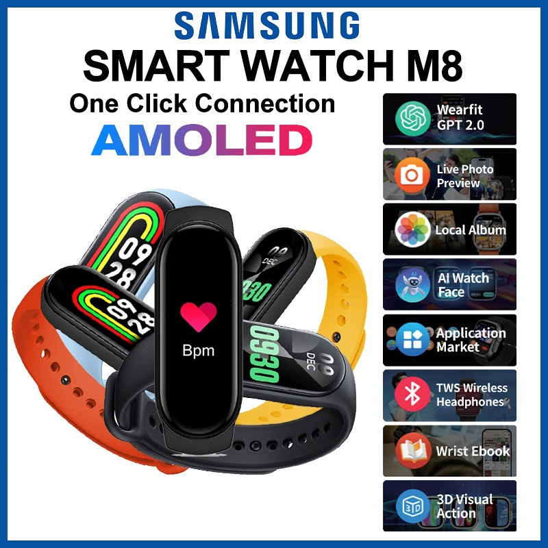 【COD】100% Original Samsung Smart Watch M8 gaya terbaru Waterproof IP68-1.62Inci Jam Tangan Pintar Olahraga Gelang - Blood Pressure Monitor-Pemantau Kalori-GPS- Pemantau Detak Jantung-Pemutar Musik-Siaga Panjang