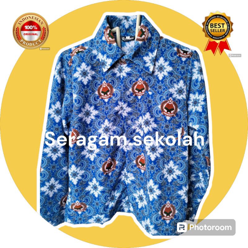 Baju Batik Sekolah SMP MTS Seragam kemeja Motif Lugina Warna Biru Nasional lengan pendek panjang  Ba