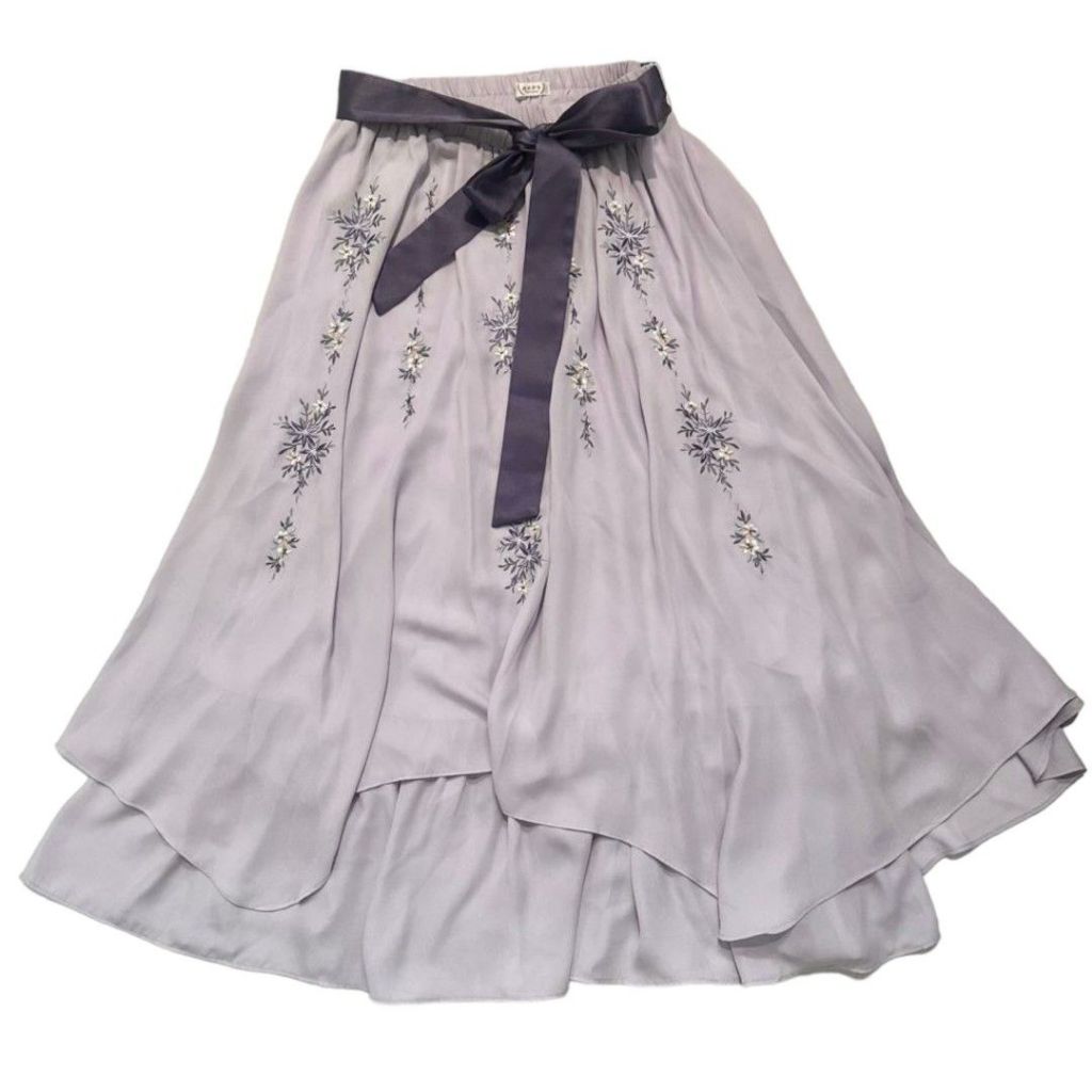 Axes Femme Floral Embroidery Ribbon Belt Layered Skirt | Lilac Soft Purple Violet Tie Witch Bow Tali