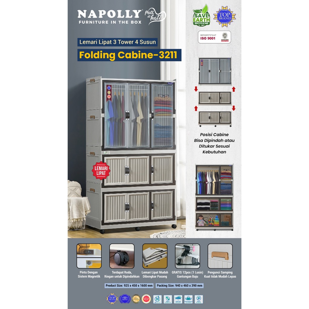 Lemari Plastik NAPOLLY LIPAT 3 TOWER 4 SUSUN FOLDING CABINE 3211 GANTUNG PINTU Transparant JUMBO BES