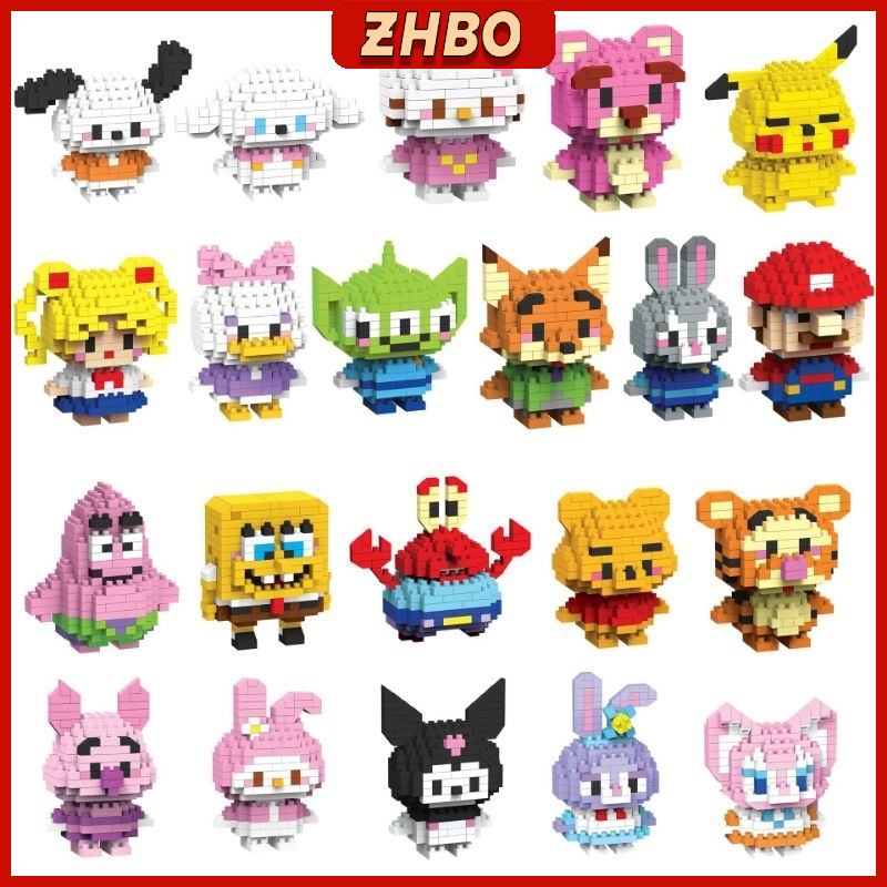 ZHBO Mainan Anak Perempuan Brick Nano Block Kuromi Sanrio DIY karakter kartun Susun Mainan