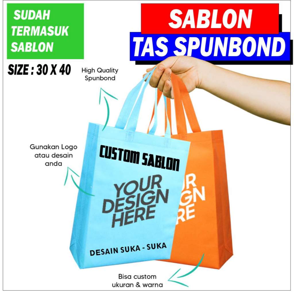

TAS SPUNBOND 30 x 40 (SABLON COSTOM) UNTUK TAS SOUVENIR, SYUKRAN, MENGENANG, PROMOSI, BANSOS
