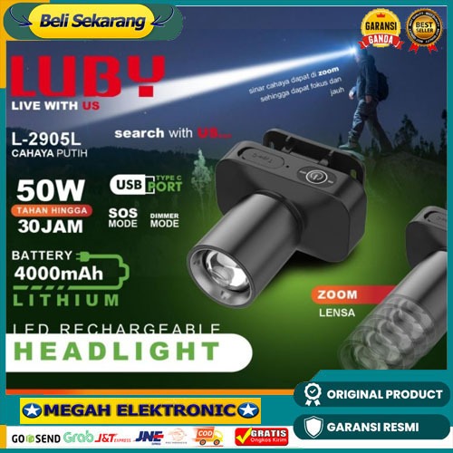Senter Kepala HEADLAMP ZOOM Senter Kepala Luby-L-2905 Zoom 50Watt 4000Mah Bisa Cahaya Kuning Atau Pu