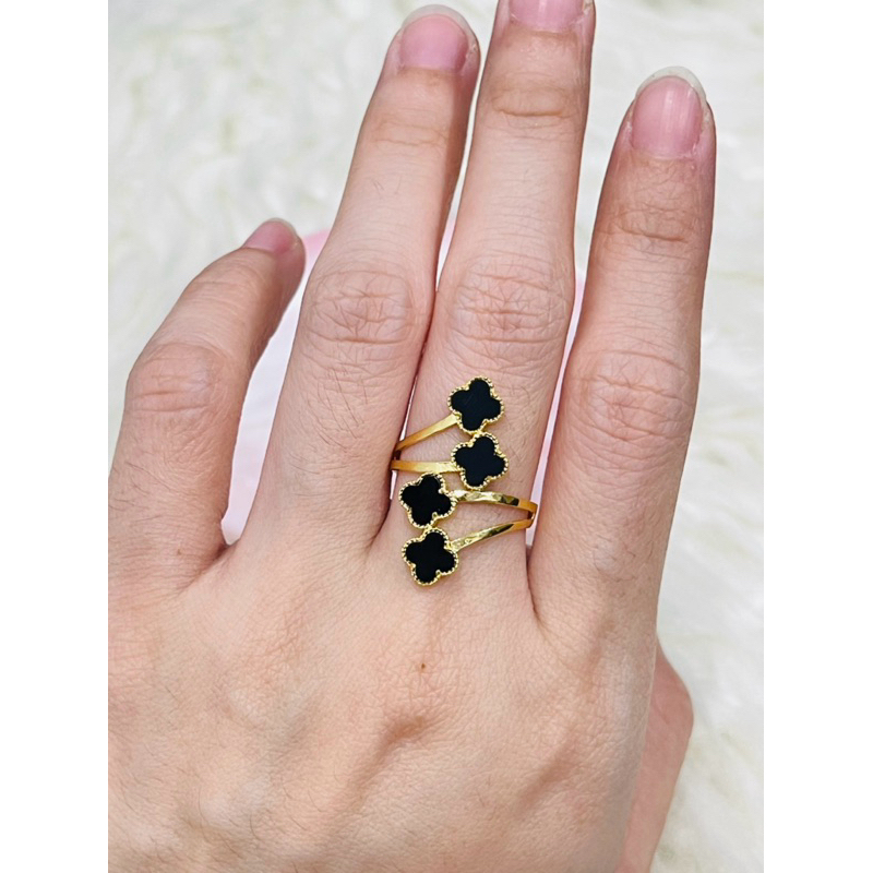 Cincin clover silang hitam double uk 15 elegant emas asli kadar 700