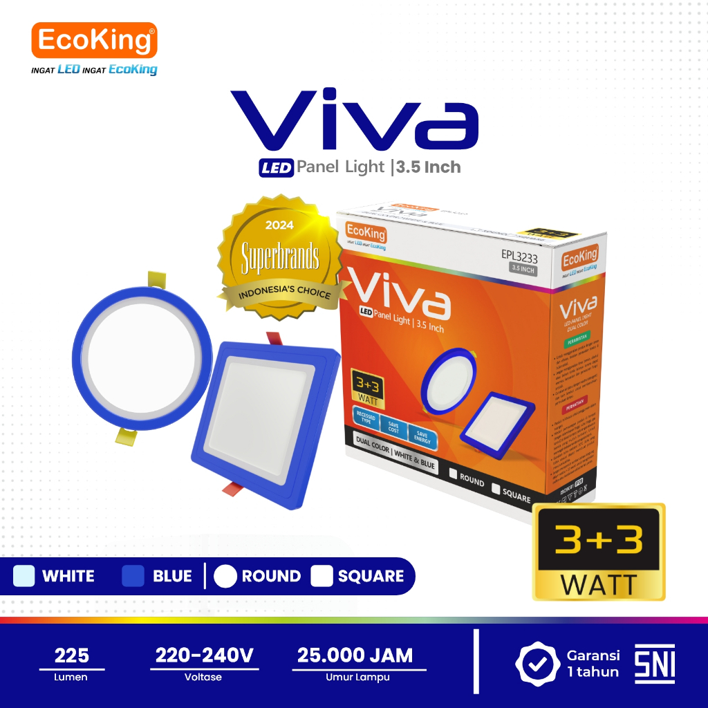 EcoKing LED Viva Inbow Panel Light Downlight Lampu Plafon Rumah 3W 3.5 Inch Square / Round Cahaya Pu