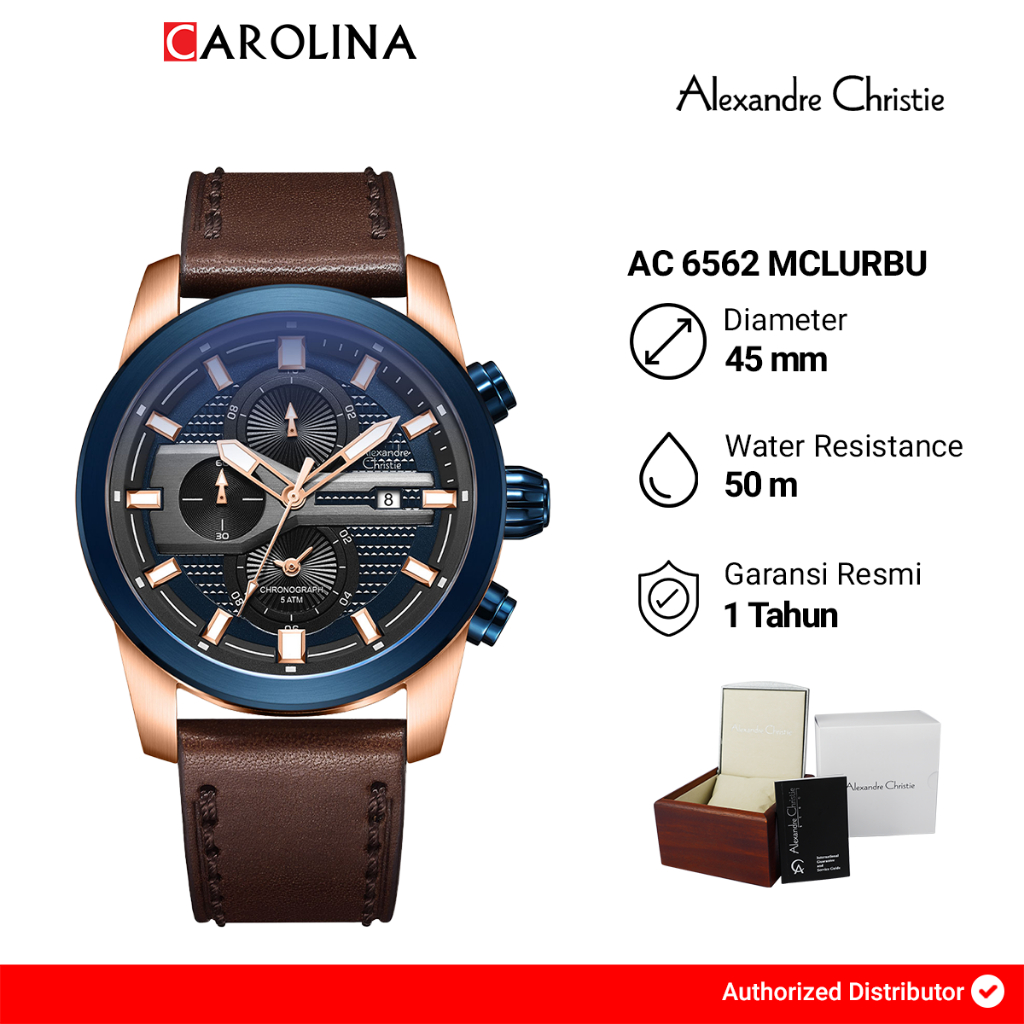 Jam Tangan Pria Alexandre Christie Chronograph AC 6562 MCLURBU Blue Dial Brown Leather Strap