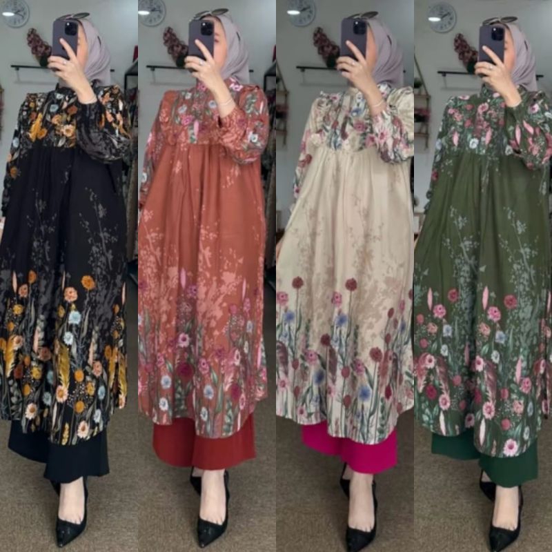 Set Tunik Fuschia Rayon Diamond Setelan Long Tunik Rayon Twill Mix Celana Cringkle Set Long Tunik Ra