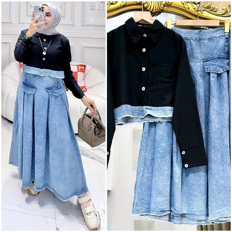 Haneul set skirt warna hitam putih setelan wanita atasan blouse bahan katun jepang rok panjang jeans