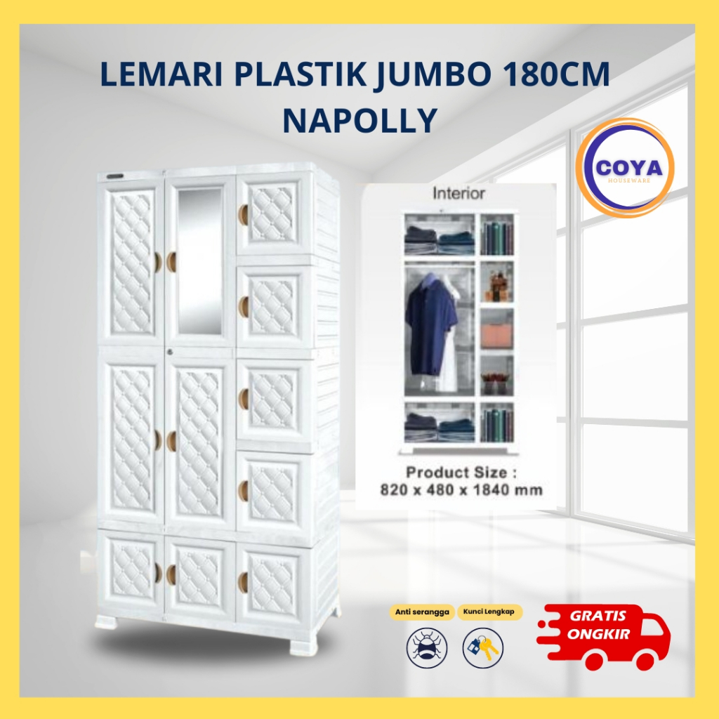 LEMARI PLASTIK JUMBO 180CM MERK NAPOLLY MOTIF UKIRAN BALI LEMARI GANTUNG BAJU SUSUN DAN ADA KACA MID