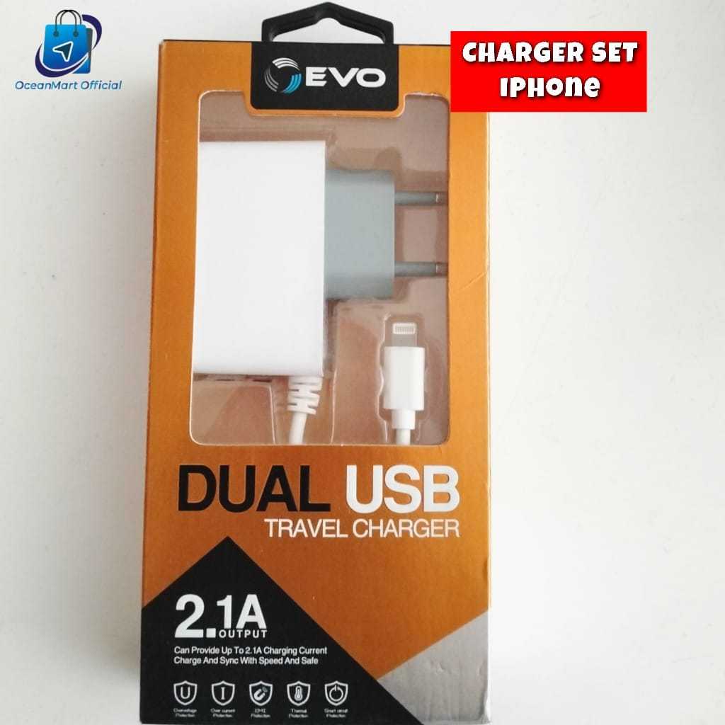 Charger iPhone 6 7 8 EVO AC-100 Kabel Lightning Dual USB Fast Charging 2.1A Aksesoris Handphone HP