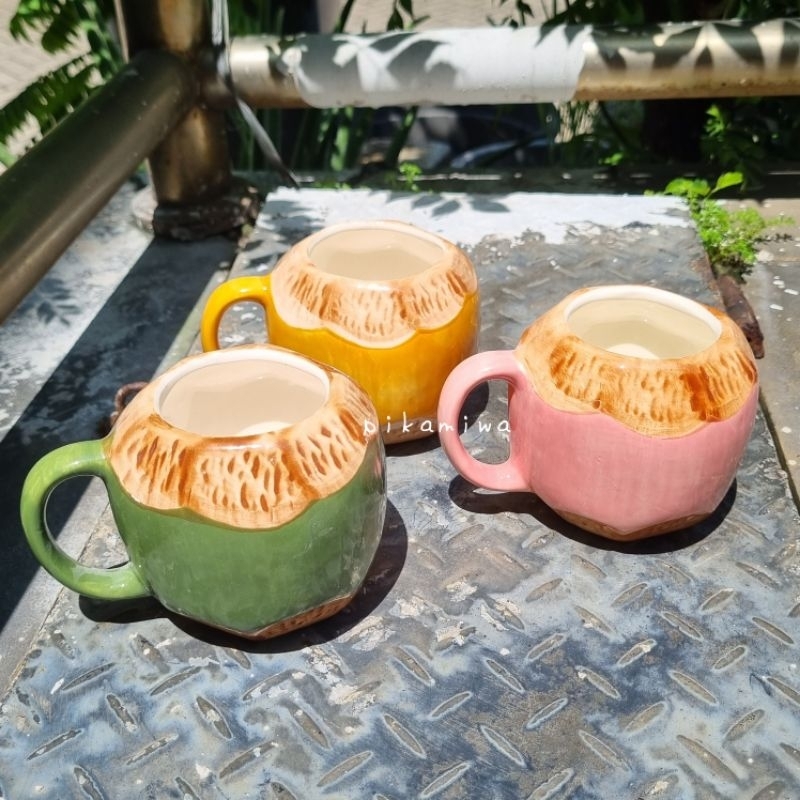 MUG COCONUT GREEN / YELLOW / PINK mug keramik mug lucu mug bentuk kelapa mug minum hadiah lucu hadia