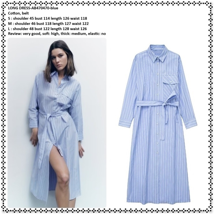 AB470470 Long Dress Kemeja Midi Garis Lengan Panjang Wanita Korea Import Biru Blue Tunik Jumbo Big S