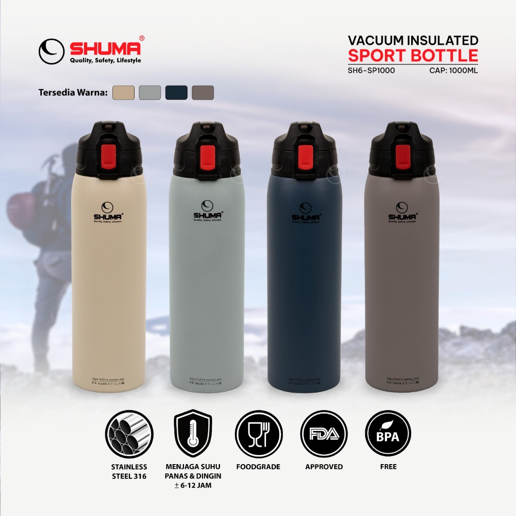 New SHUMA TERMOS VACUUM SPORT BOTTLE 1 LITER STAINLESS SUS316