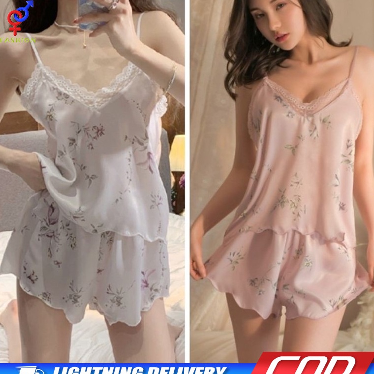 Terlaris Piyama Seksi WanitaSet Piyama Impor ManisCelana Pendek Seksi Baju Rumah Bunga PutihPiyama S