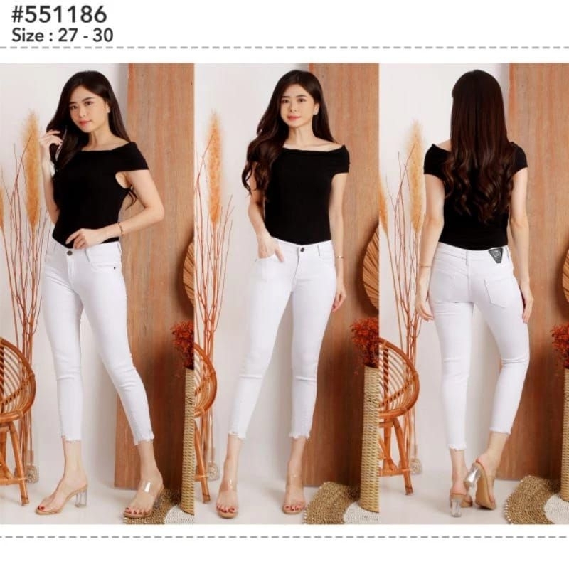 7/9 CELANA PUTIH JEANS WANITA CELANA SOBEK KAKI JUMBO