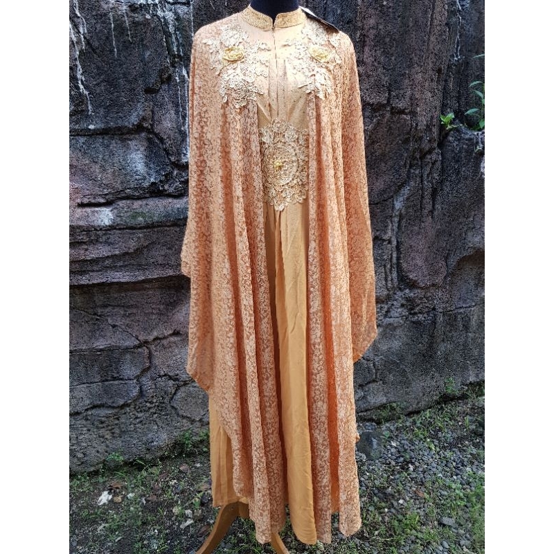 Kaftan Brokat Bordir Renda Full Kunyit