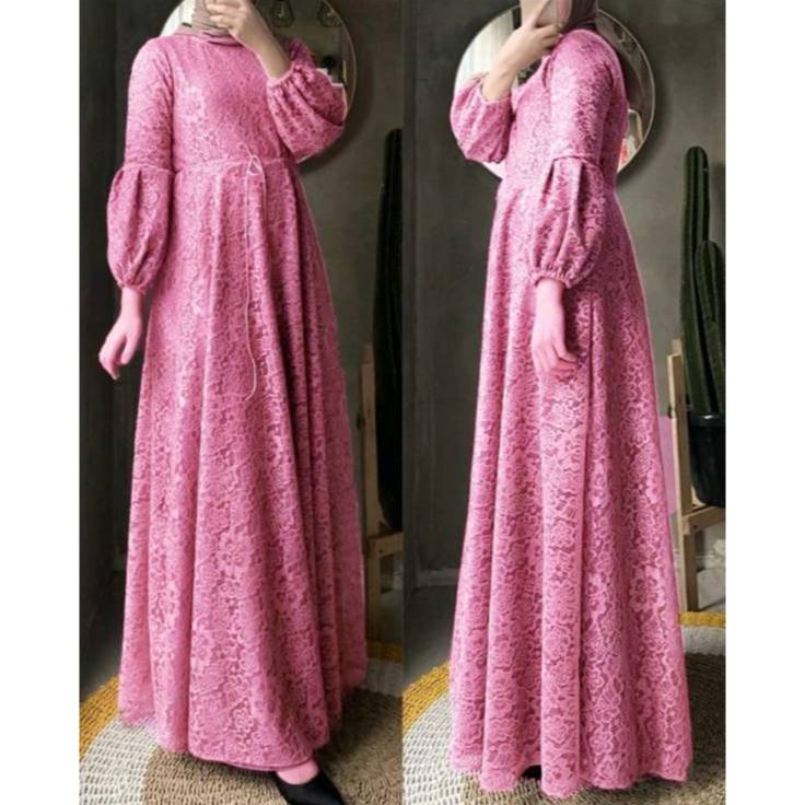 Fairyrozi Gamis Long Dress Arunka Brokat Pink Cream Allsize Bahan Premium