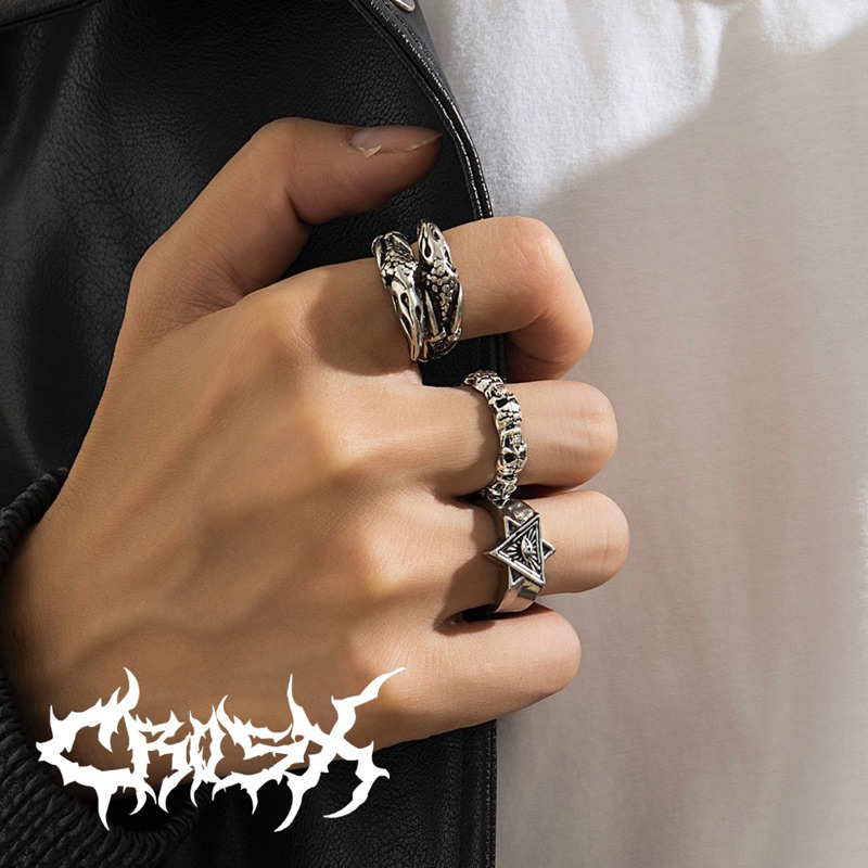 UAE RING SET / 3PCS CLAW DRAGON SKULL HEXAGRAM EYE TRIANGLE CAKAR MATA NAGA CINCIN HITAM SILVER / CO