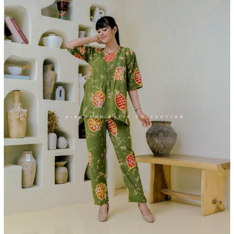 Setelan Wanita Batik Cap  Kimono Oneset Motif Sunan Rayon Pekalongan Lengan 3/4 Dewasa Cplp Rayon