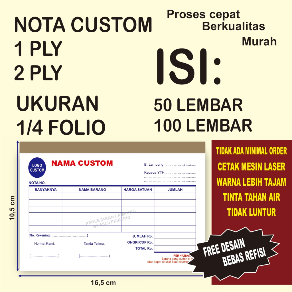 

NOTA CUSTOM 1/2 FOLIO, 1 PLY BAHAN NCR KERTAS NOTA