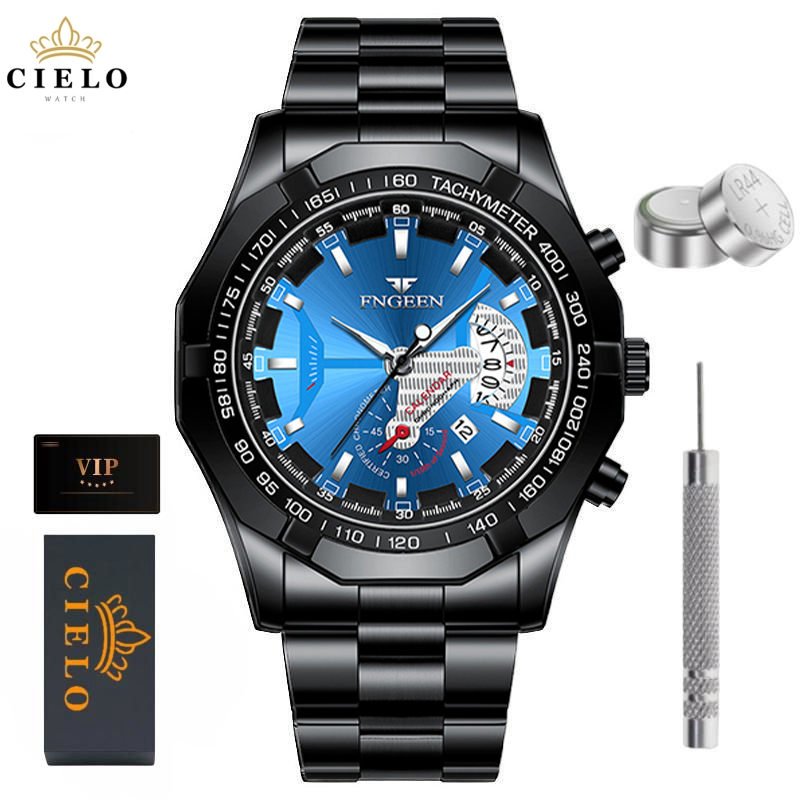 CIELO S001 Jam Tangan Pria Anti Air Original Luxury Stainless Steel COD Free BOX+Kartu-Cielo-Black+Blue