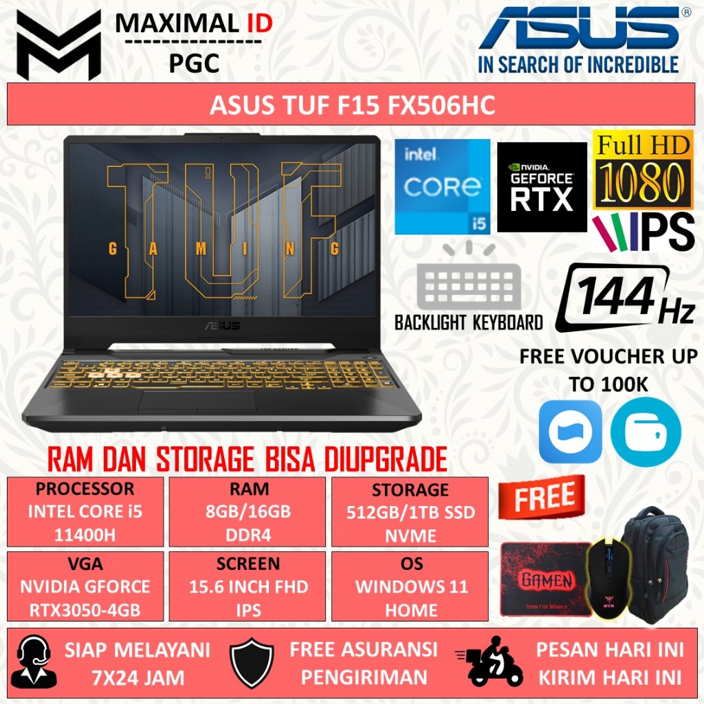 Laptop Asus Tuf F15 FX506HC Intel Core i5 11400H Ram 8GB 16GB 512GB SSD FHD IPS RTX3050 Win 11 Home