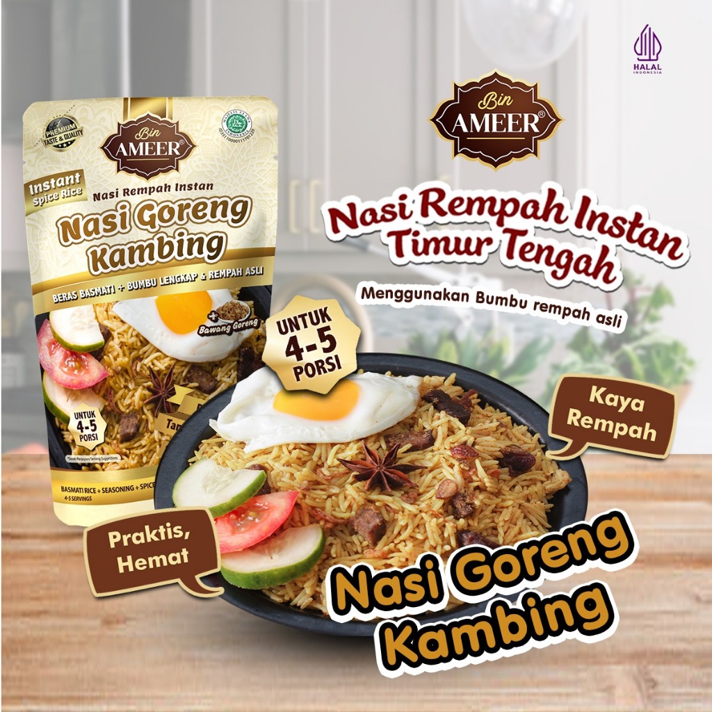 

Bin Ameer Nasi Goreng Kambing Instan khas Timur Tengah 350gram untuk 4-5 porsi