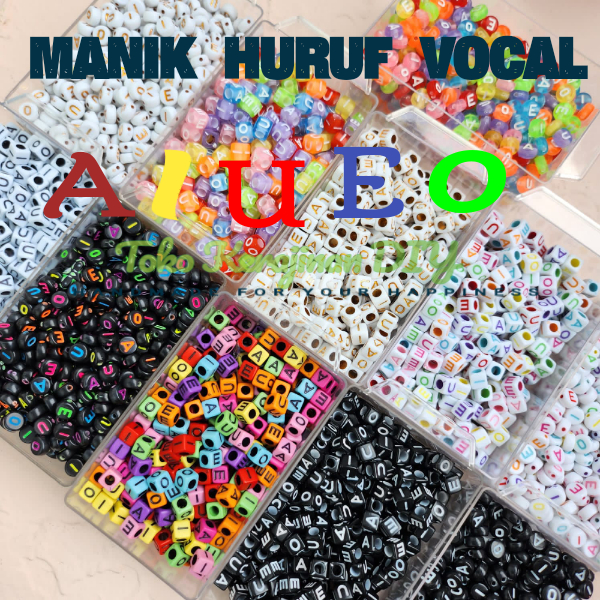 100 Pcs Manik Huruf Vokal AIUEO Mote Huruf Bulat & Kotak Mute Abjad