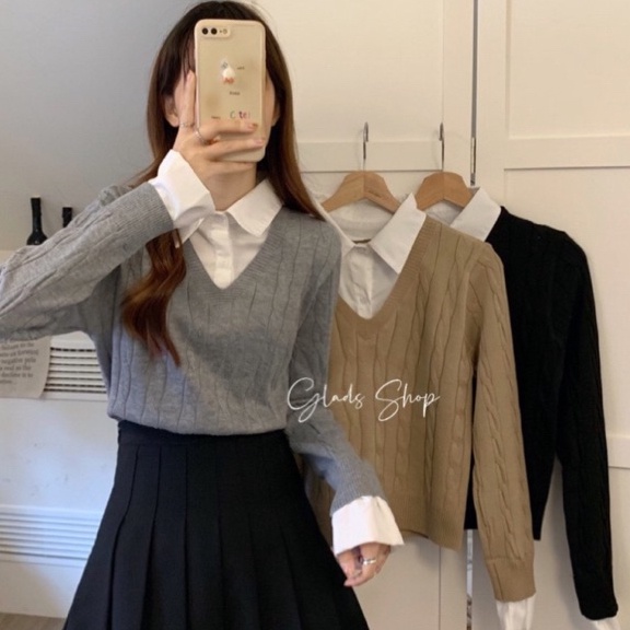 Sale Kemeja Kerah Vest Rajut Import  A713  Korean Style atasan Kantor knit Lengan Panjang
