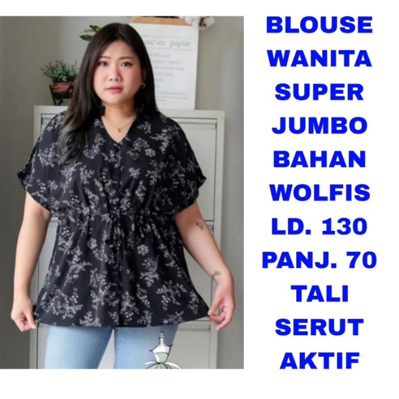 WK BLOUSE WANITA LD. 130 SUPER JUMBO BAJU ATASAN HITAM MOTIF