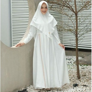 Gamis Syari Dewasa  Set Kerudung Putih Simple / Gamis Syari Terbaru Set Kerudung