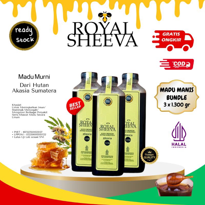 

original madu murni royal sheeva madu hutan akasia sumatera premium bundle tiga botol 1.300 gr halal mui lulus uji lab