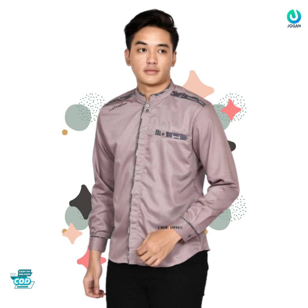 Baju Koko Pria Lengan Panjang Kombinasi Polos Terbaru Warna Ungu/ Lilak Elrumi Motif Yisunsin