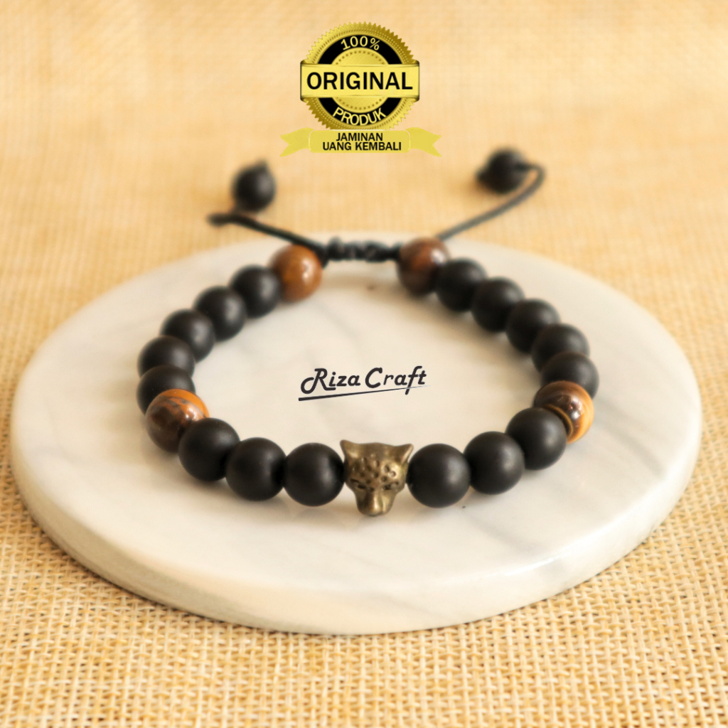 Gelang Batu Akik Black Onyx Hitam Asli Alam Natural sekat Harimau untuk Pria Wanita Unik Keren Bagus