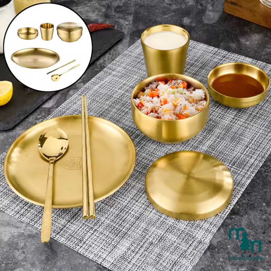 KOREA WESTERN GOLD TABLEWARE STAINLESS STEEL SET EMAS DEKORASI PERALATAN MAKAN SULTAN PIRING GELAS S