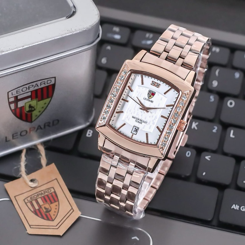 ORIGINAL - Jam tangan wanita LEOPARD Square mata2 mewah fitur tanggal aktif anti air strap rantai