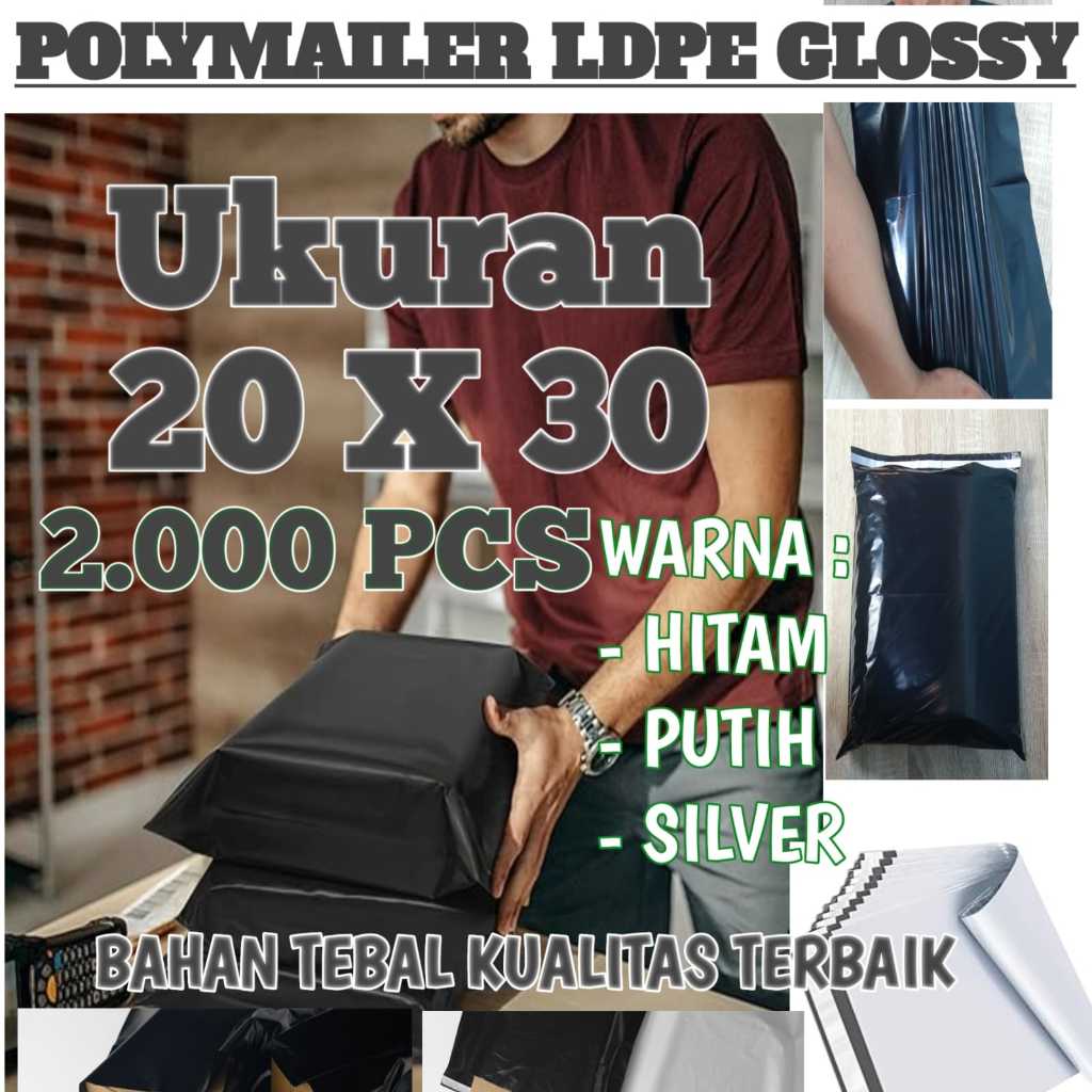 

Polymailer Glossy 1 Bal isi 2000 Pcs Uk 20x33 - Plastik Packing Paket Olshop Hitam - Putih - Silver