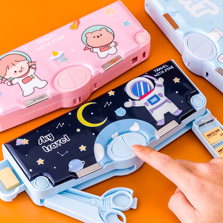 

HNK Kotak Pensil Anak Sekolah Pola Kartun Lapisan Ganda Tunggal dengan Rautan Multifungsi ART Y5L1