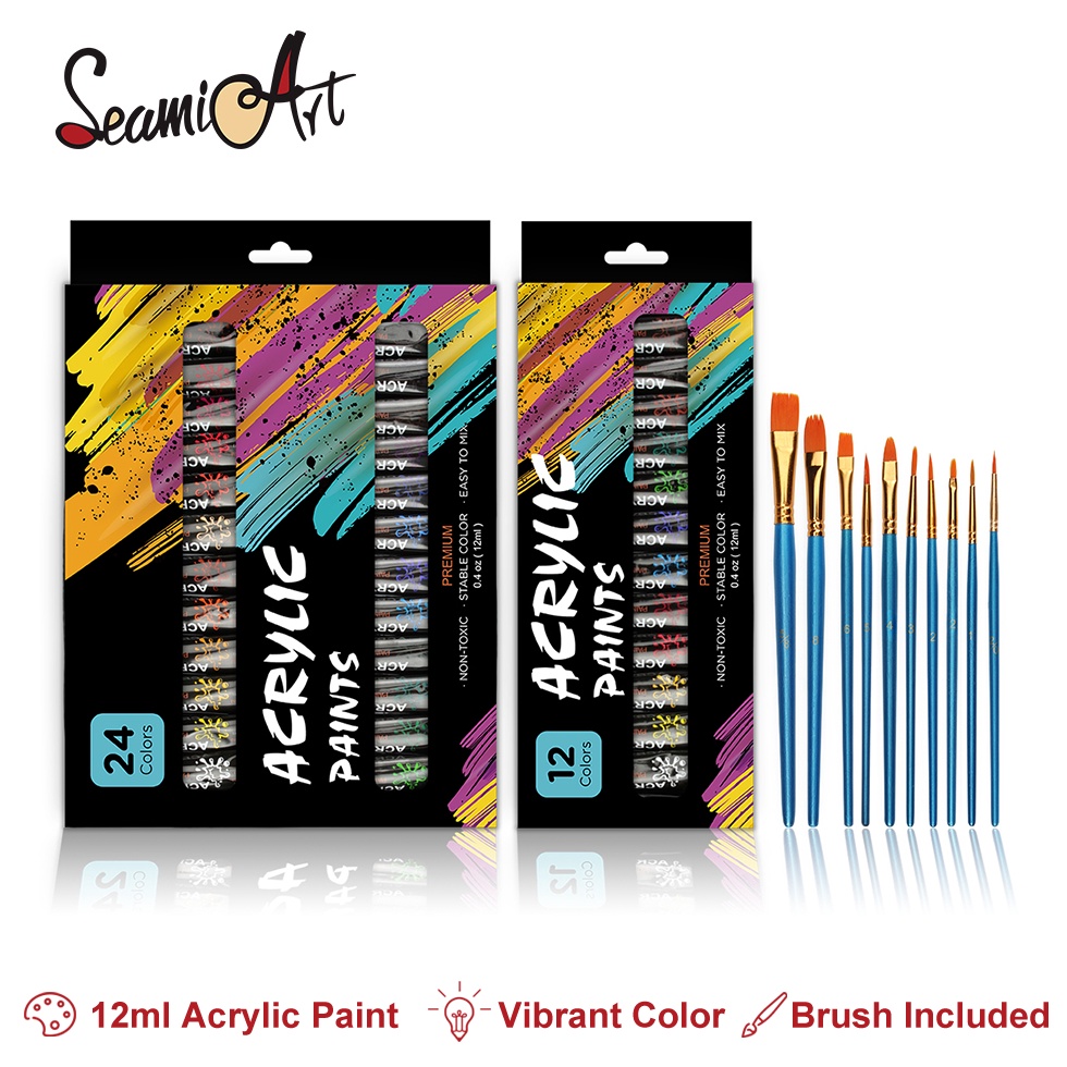 

SeamiArt 12 24color Acrylic Paint Set 12ml Tube Acylic with 1pcs Painting Brush Cat akrilik 12 24 Warna ART H9E7