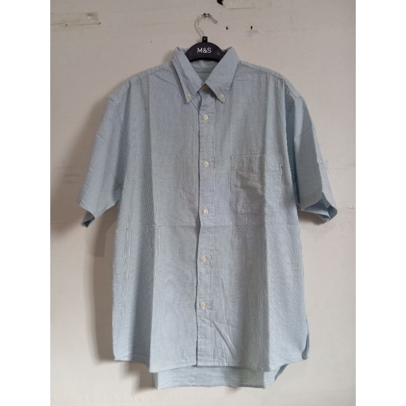 Kemeja Pria Merek Uniqlo Motif Tartan Kotak Kotak Kecil Warna Biru Putih