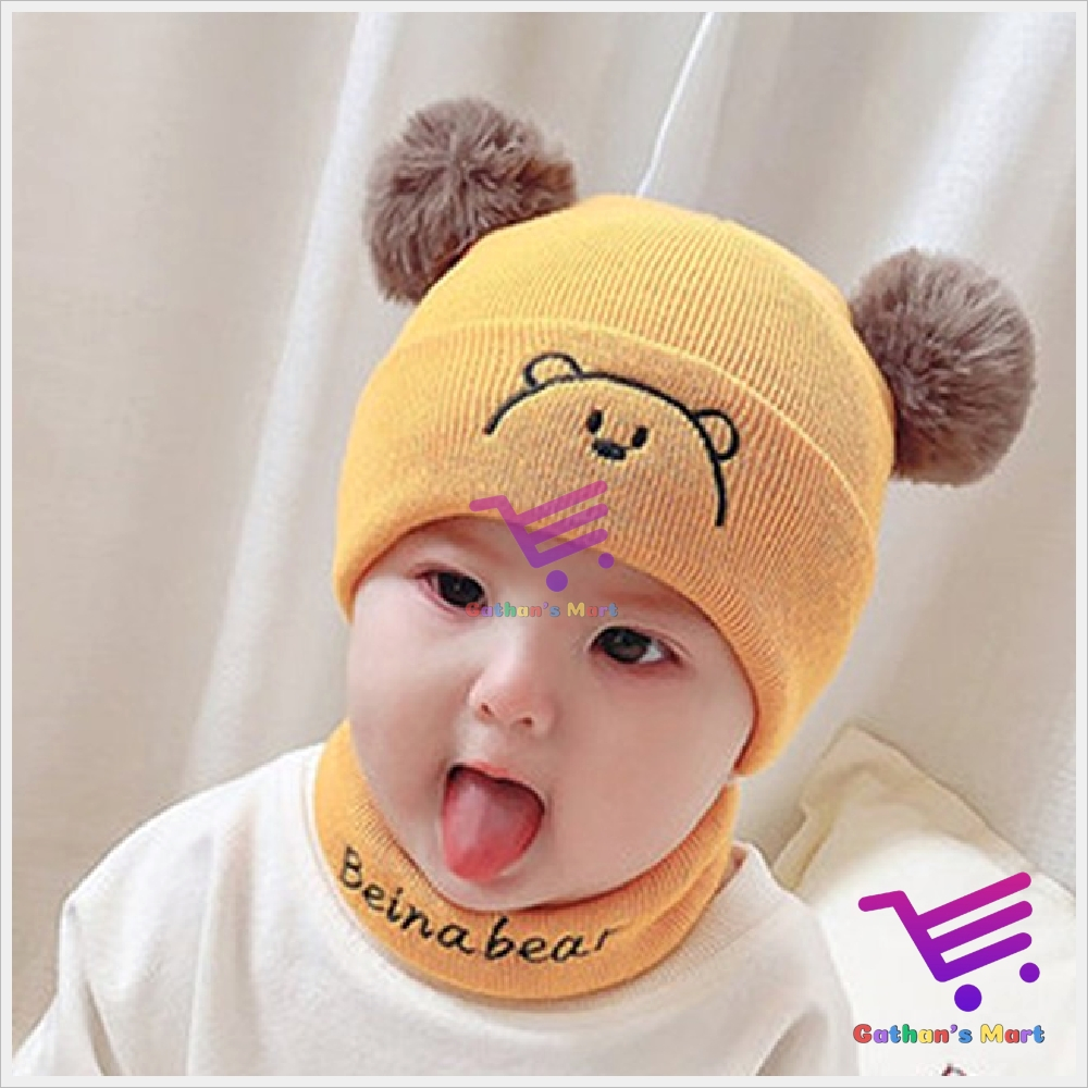 Topi Bayi Laki Laki Perempuan Bordir Beruang Model Kupluk Pompom Anak Usia 0 3 4 5 6 7 8 9 10 11 12 